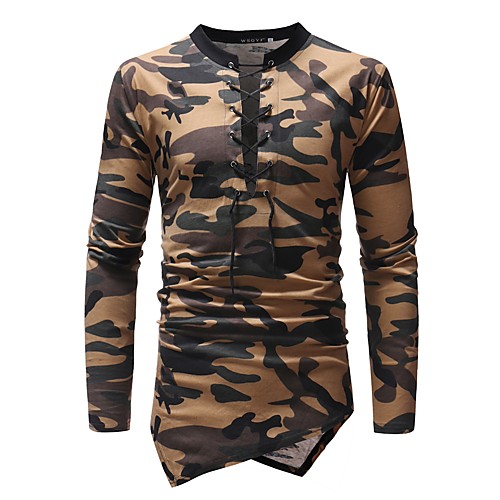 

Men's T shirt Camo / Camouflage Patchwork Long Sleeve Daily Tops Cotton Basic Round Neck Red Khaki