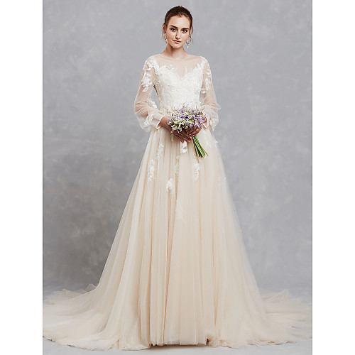 

A-Line Wedding Dresses Bateau Neck Court Train Lace Tulle Long Sleeve Cutouts with Lace Appliques 2021