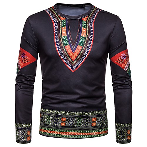 

Men's Graphic Tribal Print T-shirt - Cotton Boho Vintage Holiday Going out Black / Long Sleeve