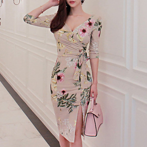 

Women's Bodycon Knee Length Dress Beige 3/4 Length Sleeve Floral Print Spring V Neck Cotton Floral S M L XL