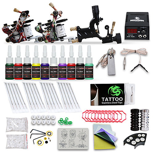 

DRAGONHAWK Tattoo Machine Starter Kit - 3 pcs Tattoo Machines with 10 x 5 ml tattoo inks, Professional Level, Adjustable Voltage, Easy to Setup Alloy LCD power supply Case Not Included 2 cast iron