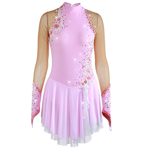 

21Grams Figure Skating Dress Women's Girls' Ice Skating Dress Pale Pink Flower Spandex High Elasticity Competition Skating Wear Warm Handmade Jeweled Rhinestone Long Sleeve Ice Skating Figure Skating