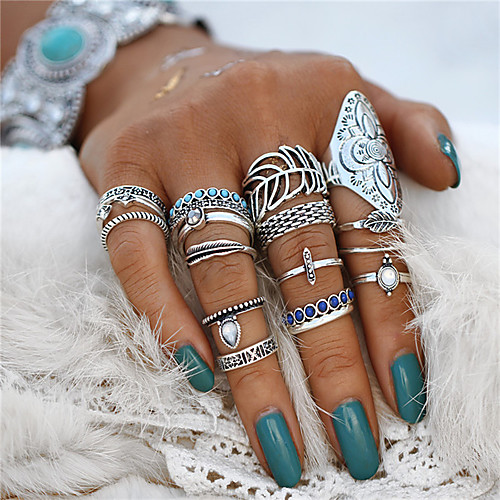 

Ring Turquoise Retro Silver Acrylic Alloy Leaf Flower Statement Ladies Bohemian 18pcs / Couple's / Nail Finger Ring