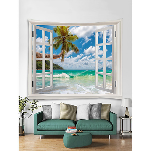 

Window Landscape Wall Tapestry Art Decor Blanket Curtain Picnic Tablecloth Hanging Home Bedroom Living Room Dorm Decoration Polyester Sea Ocean Beach Palm