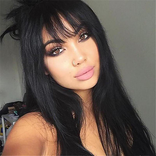 

Synthetic Wig Straight Kardashian Layered Haircut Wig Long Black#1B Synthetic Hair 24 inch Women's Heat Resistant With Bangs Black