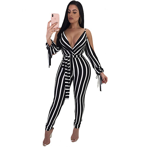

Women's Daily Going out Deep V Black Slim Jumpsuit Striped Low Waist / Harem / Super Sexy
