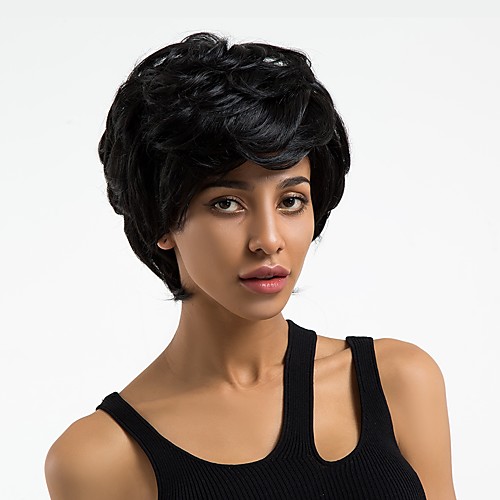 

Human Hair Blend Wig Wavy Pixie Cut Short Hairstyles 2020 Dark Black Natural Hairline Capless Women's Natural Black #1B Medium Auburn#30 10 inch Daily