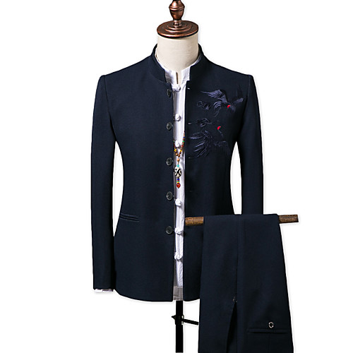 

Black / Red / Navy Blue Print Cotton / Rayon Men's Suit - Peaked Lapel / Embroidered / Long Sleeve / Chinoiserie