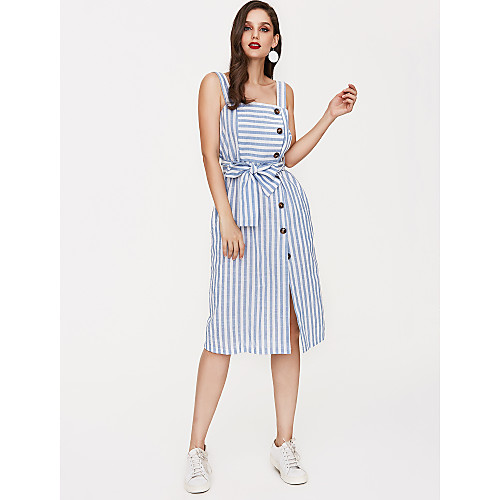 

Women's Strap Dress Knee Length Dress Blue Sleeveless Striped S M L XL