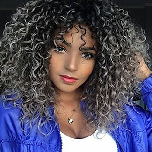 

Synthetic Wig Curly Middle Part Wig Medium Length Black / Grey Synthetic Hair 18 inch Women's Ombre Hair Middle Part For Black Women Gray