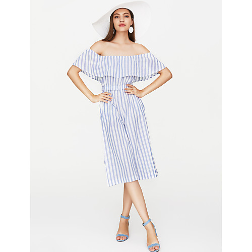 

Women's Plus Size Basic Daily Boat Neck Off Shoulder White Jumpsuit Striped Backless / Wide Leg