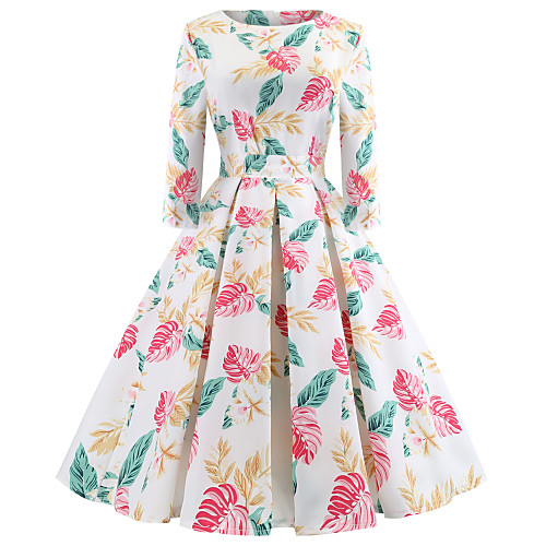

Women's Swing Dress Knee Length Dress Red Yellow Blushing Pink Long Sleeve Floral Print Patchwork Print Fall Round Neck Elegant Vintage 2021 S M L XL XXL