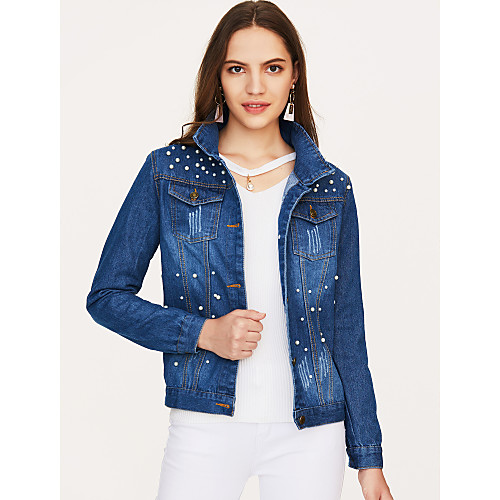 

Women's Coats & Jackets Solid Colored Pure Color Fall Peaked Lapel Denim Jacket Short Daily Long Sleeve Cotton Coat Tops Blue