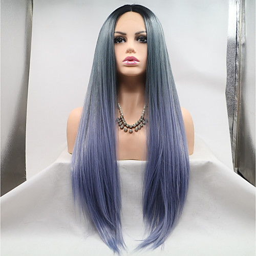 

Synthetic Lace Front Wig Straight Middle Part Lace Front Wig Ombre Long Black / Blue Synthetic Hair 20-26 inch Women's Women Youth Blue Ombre
