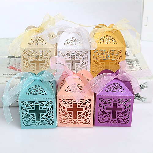 

Cuboid Card Paper Favor Holder with Ribbons Favor Boxes - 12pcs