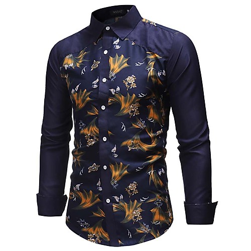 

Men's Shirt Floral Long Sleeve Daily Tops Cotton Business Basic Navy Blue