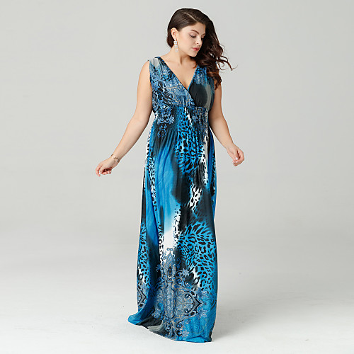 

Women's Swing Dress Maxi long Dress Red Yellow Light Blue Sleeveless Leopard Pleated Print Summer Deep V Boho M L XL XXL 3XL 4XL 5XL 6XL / Plus Size / Plus Size