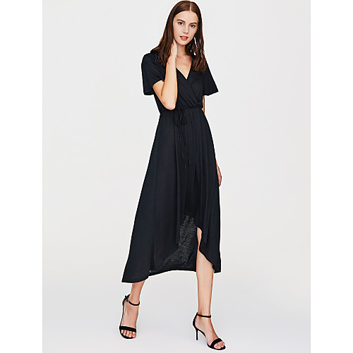 

Women's Swing Dress Maxi long Dress Black Short Sleeve Black Solid Colored Summer Deep V Sophisticated S M L XL