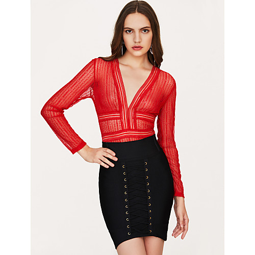 

Women's Streetwear Club Deep V Backless White Black Yellow Bodysuit Solid Color Lace