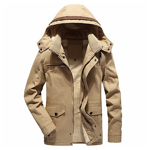 

Men's Daily Fall & Winter Regular Jacket, Solid Colored Hooded Long Sleeve Polyester Black / Army Green / Khaki