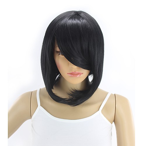

Synthetic Wig Straight Asymmetrical Wig Short Natural Black #1B Synthetic Hair 12INCH Women's Adjustable Heat Resistant Synthetic Black