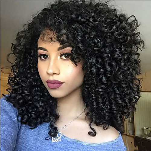 

Synthetic Wig Curly Side Part Wig Medium Length Black#1B Synthetic Hair 16 inch Women's Heat Resistant Women With Bangs Black