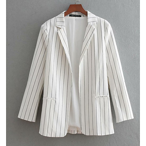 

Women's Blazer White Striped Regular Fit Cotton / Polyester Coat Notch lapel collar Print Tops