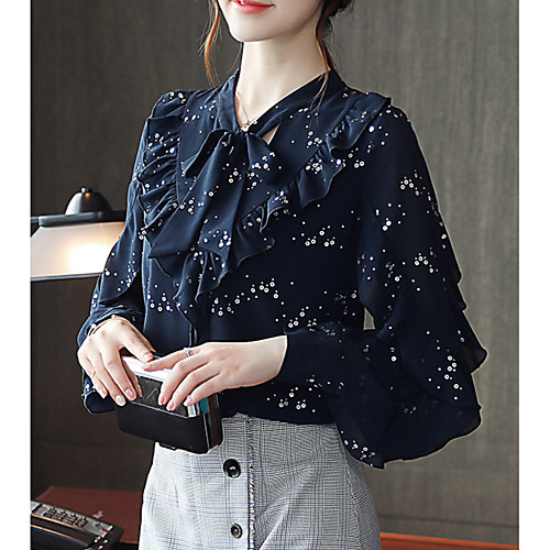 

Women's Blouse Polka Dot Sequins Long Sleeve Daily Tops White Navy Blue