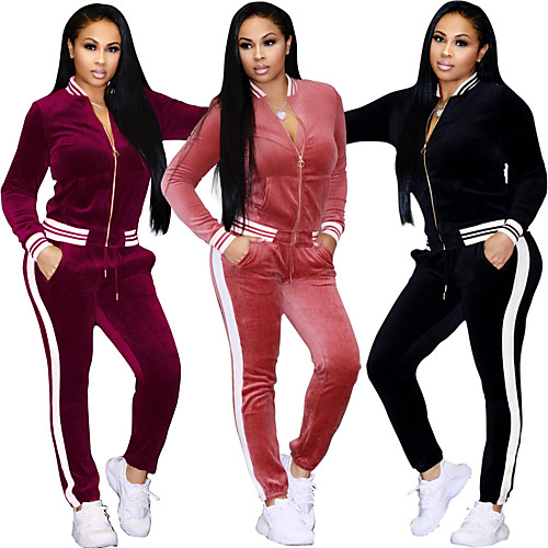 

Women's Tracksuit Sweatsuit Winter Stripes Pink Velour Yoga Fitness Gym Workout High Waist Track Pants Track Jacket Clothing Suit Long Sleeve Sport Activewear Thermal Warm Breathable Soft / Stretchy