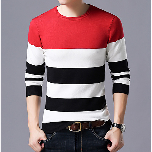 

Men's Color Block Pullover Long Sleeve Slim Regular Sweater Cardigans Round Neck Red Navy Blue Gray