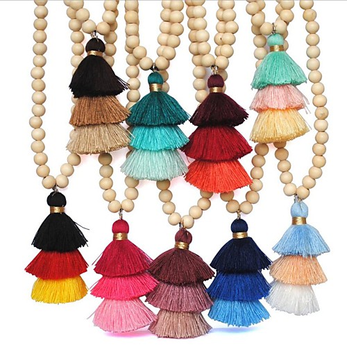 

Women's Pendant Necklace Necklace Layered Necklace Tassel Long Pom Pom Spike Ladies Tassel Ethnic Boho Wooden Wood Cotton Light Blue Light Green Dark Green 90 cm Necklace Jewelry 1pc For Daily Holiday