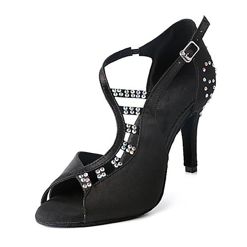 

Women's Latin Shoes Sandal Heel Rhinestone Buckle Slim High Heel Black Ankle Strap