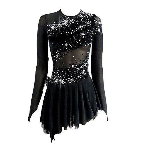 

Figure Skating Dress Women's Girls' Ice Skating Dress Black Open Back Asymmetric Hem Spandex Micro-elastic Professional Competition Skating Wear Handmade Sequin Long Sleeve Figure Skating