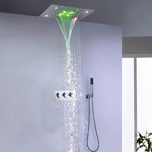 

Contemporary Waterfall Rain Shower Faucet Set / 50X36CM Bathroom LED Shower Head / Brass Chrome Hand Shower Included / Hot And Cold Mixer Valve