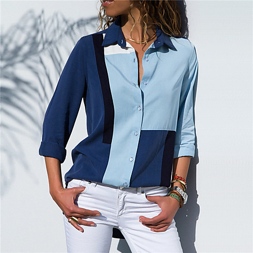 

Women's Color Block Patchwork Loose Blouse - Chiffon Elegant Street chic Daily Shirt Collar White / Blue / Royal Blue / Navy Blue / Light Blue