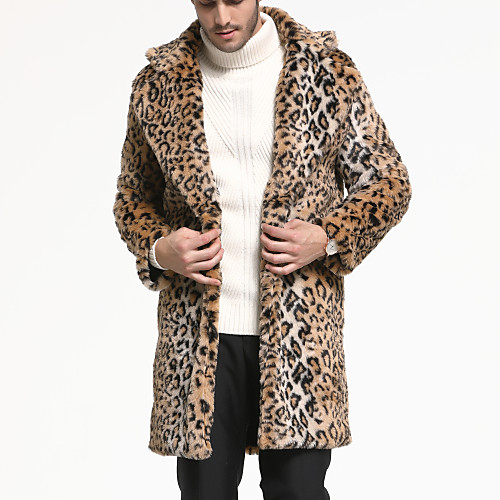 

Men's Fur Coats Leopard Print Basic Winter Fur Coat Long Holiday Long Sleeve Faux Fur Coat Tops Brown