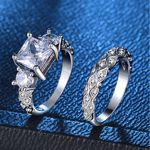 

Women's Ring Ring Set 2pcs Silver Copper Platinum Plated Imitation Diamond Four Prongs Ladies Romantic Fashion Wedding Party Jewelry Hollow Out Simulated 3 stone Love Wave Lovely