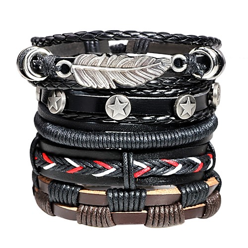 

Men's Leather Bracelet Loom Bracelet Braided Rope Leaf Vintage Rock Hip-Hop Leather Bracelet Jewelry Black For Street Bar