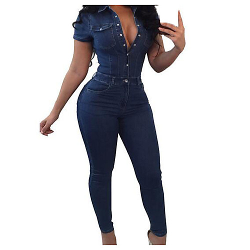 

Women's Active Going out Shirt Collar Navy Blue Jumpsuit Solid Colored / Wide Leg
