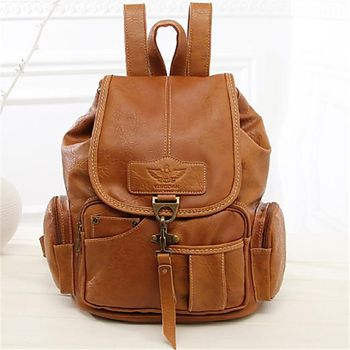 

Women's PU Leather School Bag Rucksack Commuter Backpack Large Capacity Buttons Zipper Daily Backpack Dark Brown Black Brown