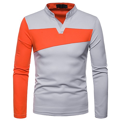 

Men's Color Block T-shirt Polo Daily V Neck Black / Orange / Gray / Long Sleeve