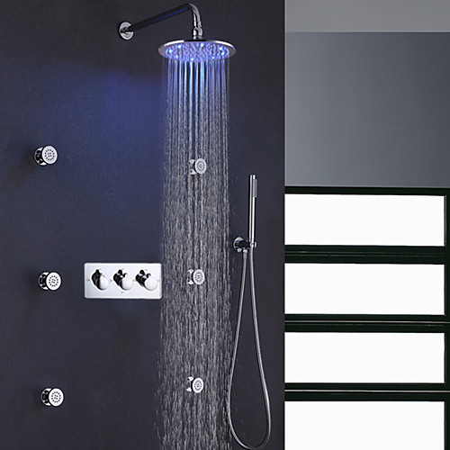 

Contemporary Bath Shower Faucet Set / 10 Inch Round Rain LED Bathroom Shower Head / Brass Hand Shower Included / 6 PCS SPA Massage Body Sprayer Jets Bath Shower Mixer Taps