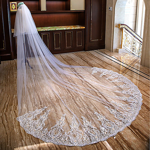 

One-tier Sweet Style / Flower Style Wedding Veil Cathedral Veils with Appliques Lace / Tulle / Mantilla