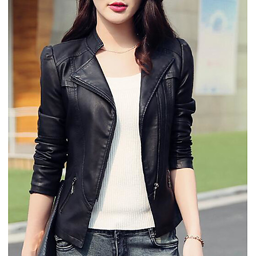 

Women's Daily Basic Short Leather Jacket, Solid Colored Stand Long Sleeve PU Black