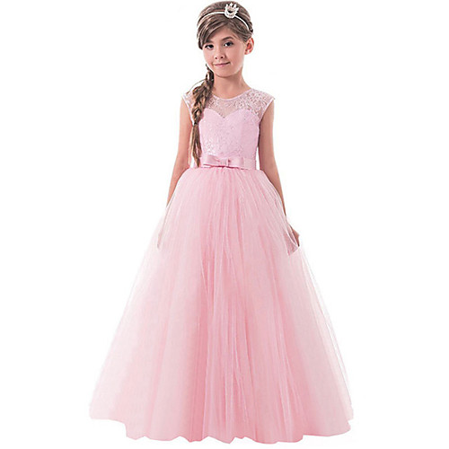 

Ball Gown Floor Length Party / Wedding Flower Girl Dresses - Tulle Sleeveless Jewel Neck with Bow(s) / Solid