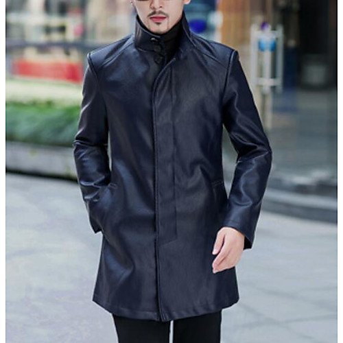 

Men's Leather Jackets Solid Colored Spring & Fall Jacket Regular Going out Long Sleeve Polyester Coat Tops Black