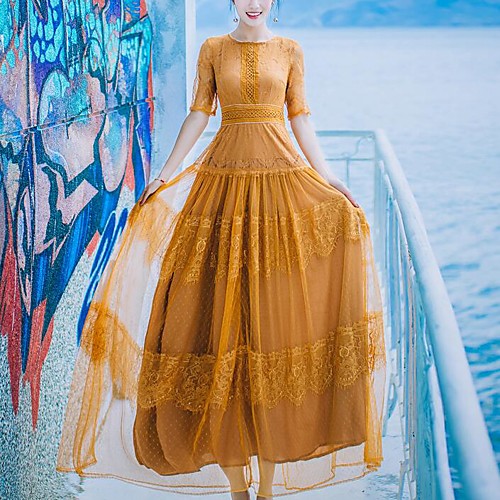 

Women's Sheath Dress Maxi long Dress Yellow Half Sleeve Solid Colored Lace Spring Summer Round Neck S M L