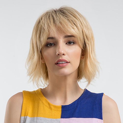 

Human Hair Blend Wig Curly Bob Short Hairstyles 2020 Black / Blonde Ombre Hair Natural Hairline Capless Women's Black / Strawberry Blonde 12 inch Daily Wear