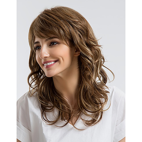 

Human Hair Blend Wig Curly Asymmetrical Brown Natural Hairline Capless Women's Brown 18 inch Daily Wear