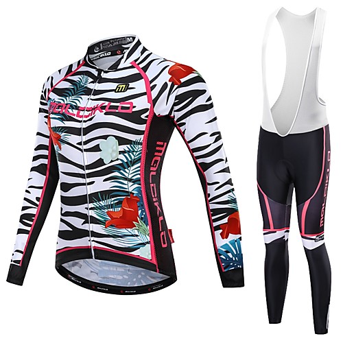 

Malciklo Women's Long Sleeve Cycling Jersey with Bib Tights - White / Black Plus Size Bike Jersey Breathable Quick Dry Reflective Strips Sports Lycra Zebra Mountain Bike MTB Road Bike Cycling
